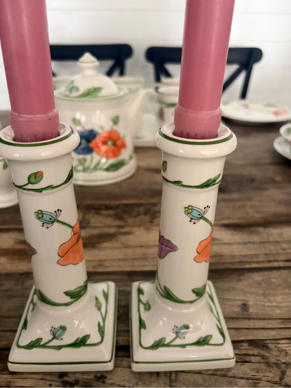 Villeroy & Boch Porcelain Floral Candlestick Pair in White w multicolor poppies